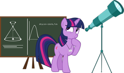 Size: 4671x2756 | Tagged: safe, artist:ironm17, twilight sparkle, pony, unicorn, g4, astronomy, chalkboard, female, grin, high res, hoof on chin, looking sideways, mare, simple background, smiling, solo, telescope, transparent background, unicorn twilight, vector