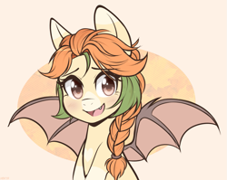 Size: 1109x884 | Tagged: safe, artist:higglytownhero, oc, oc only, oc:autumn harvest, bat pony, pony, blushing, braid, bust, cute, fangs, female, looking at you, mare, smiling, solo, spread wings, wings