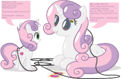 Size: 2000x1313 | Tagged: safe, artist:le-23, sweetie belle, pony, robot, robot pony, unicorn, g4, adult, animated, butt, cute, cutie mark, diasweetes, duality, female, filly, gif, mare, older, older sweetie belle, plot, self ponidox, simple background, sticker, sweetie bot, terminal, transparent background, upgrade
