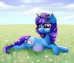 Size: 3500x3000 | Tagged: safe, artist:cornelia_nelson, oc, oc only, oc:delly, pony, unicorn, belly blush, blushing, cute, female, flower, flower in hair, happy, high res, lying down, mare, pregnant, prone, smiling, solo