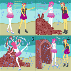 Size: 2000x2000 | Tagged: safe, artist:lzh, pinkie pie, sunset shimmer, equestria girls, g4, comic, fast, female, high res, hole, impossible, old master q, rain, rock, stone