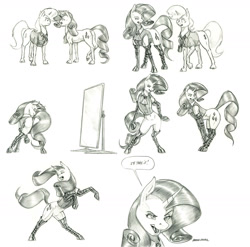 Size: 1400x1385 | Tagged: safe, artist:baron engel, rarity, oc, oc:petina, pony, unicorn, semi-anthro, g4, arm hooves, boots, butt, clothes, featureless crotch, female, leather, leather boots, mare, mirror, monochrome, pencil drawing, plot, shoes, socks, story included, thigh highs, traditional art
