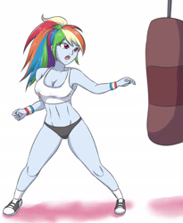 Size: 1764x2152 | Tagged: safe, artist:sumin6301, rainbow dash, equestria girls, g4, armpits, breasts, busty rainbow dash, cleavage, clothes, converse, female, open mouth, punching bag, shoes, solo, sports bra, sports panties, workout