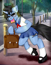 Size: 1889x2393 | Tagged: safe, artist:willymon, oc, oc only, oc:tinker doo, unicorn, semi-anthro, arm hooves, bag, bread, clothes, crossdressing, food, glasses, male, schoolgirl, schoolgirl toast, shoes, skirt, solo