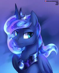 Size: 2416x3000 | Tagged: safe, artist:jedayskayvoker, princess luna, alicorn, pony, rcf community, g4, armor, bust, feathered wings, female to male, folded wings, high res, horn, lidded eyes, male, patreon, patreon logo, portrait, prince artemis, rule 63, solo, stallion, wings