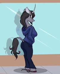 Size: 1238x1532 | Tagged: safe, artist:astr0zone, oleander (tfh), anthro, unguligrade anthro, them's fightin' herds, clothes, community related, female, hand in pocket, hoodie, jeans, leonine tail, mare, pants, reflection, solo, unshorn fetlocks