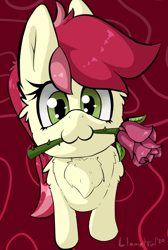 Size: 464x689 | Tagged: safe, artist:llametsul, part of a set, roseluck, earth pony, pony, g4, :3, badumsquish's kitties, cheek fluff, chest fluff, cute, ear fluff, eyelashes, female, flower, flower in mouth, leg fluff, looking at you, looking up, looking up at you, mare, mouth hold, owo, rosabetes, rose, solo, thorn