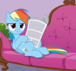 Size: 400x376 | Tagged: safe, screencap, rainbow dash, pony, deep tissue memories, g4, spoiler:deep tissue memories, couch, cropped, female, newspaper, reclining, solo