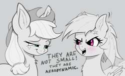 Size: 3279x2002 | Tagged: safe, artist:xbi, applejack, rainbow dash, earth pony, pegasus, pony, g4, applejack is best facemaker, applejack's hat, blushing, cowboy hat, cross-popping veins, dialogue, duo, ear flick, ears, embarrassed, female, gray background, hat, high res, looking at each other, mare, monochrome, partial color, simple background, size difference, small ears, smugjack
