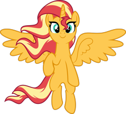 Size: 4000x3638 | Tagged: safe, artist:orin331, sunset shimmer, alicorn, pony, g4, alicornified, female, floating, high res, looking at you, mare, race swap, raised hoof, shimmercorn, simple background, smiling, solo, spread wings, transparent background, vector, windswept mane, wings