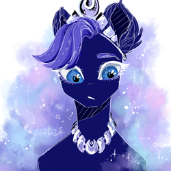 Size: 2000x2000 | Tagged: safe, artist:livitoza, princess luna, alicorn, anthro, g4, abstract background, bust, crown, female, high res, jewelry, necklace, portrait, regalia, sketch, solo