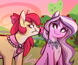 Size: 2388x1998 | Tagged: safe, artist:estories, artist:jazzyblusnowflake, artist:snowballflo, apple bloom, diamond tiara, earth pony, pony, g4, alternate hairstyle, apple, apple bloom's bow, apple tree, bedroom eyes, bow, bush, ear piercing, earring, eye contact, eyeshadow, female, flower, food, freckles, hair bow, jewelry, lesbian, looking at each other, makeup, mare, markings, mouth hold, necklace, older, older apple bloom, older diamond tiara, outdoors, pale belly, piercing, redesign, ship:diamondbloom, shipping, tree