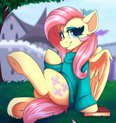 Size: 1650x1750 | Tagged: safe, artist:shadowreindeer, fluttershy, pegasus, pony, g4, :p, book, cheek fluff, clothes, cute, ear fluff, eyeshadow, female, looking at you, makeup, mare, shyabetes, sitting, solo, sweater, sweatershy, tongue out, underhoof, younger