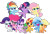 Size: 1085x737 | Tagged: safe, artist:emeraldblast63, applejack, fluttershy, pinkie pie, rainbow dash, rarity, spike, starlight glimmer, sunset shimmer, trixie, twilight sparkle, alicorn, earth pony, pegasus, pony, unicorn, g4, g4.5, my little pony: pony life, bipedal, chibi, g4 to g4.5, mane seven, mane six, simple background, transparent background, twilight sparkle (alicorn)