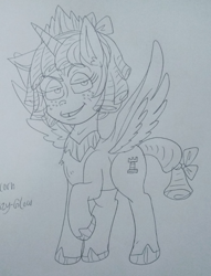 Size: 720x940 | Tagged: artist needed, safe, cozy glow, alicorn, pony, g4, the ending of the end, alicornified, cozycorn, female, filly, monochrome, photo, race swap, smug, solo, traditional art