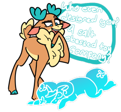 Size: 608x560 | Tagged: safe, artist:anonymous, velvet (tfh), deer, reindeer, them's fightin' herds, 4chan, chest fluff, cloven hooves, community related, doe, drawthread, duo, filly (dracco), filly funtasia, misspelling, simple background, text, transparent background