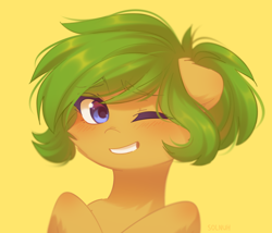 Size: 1058x907 | Tagged: dead source, safe, artist:floweryoutoday, oc, oc only, oc:oasis, earth pony, pony, blushing, bust, cheek fluff, female, floppy ears, looking at you, one eye closed, simple background, smiling, solo