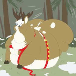 Size: 2500x2500 | Tagged: safe, artist:lupin quill, oc, oc only, oc:chester fhianna, deer, reindeer, antlers, bell, belly, bhm, big belly, bingo wings, blushing, butt, chubby cheeks, cloven hooves, fat, fat fetish, fetish, freckles, harness, high res, large butt, male, morbidly obese, near immobile, obese, outdoors, plot, rolls of fat, snow, solo, tack, tree, unshorn fetlocks