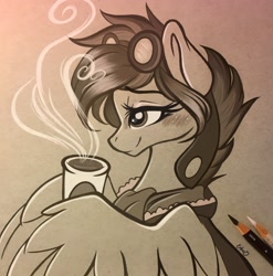 Size: 2020x2048 | Tagged: safe, artist:emberslament, oc, oc only, oc:airheart, pegasus, pony, blushing, clothes, coffee, colored pencil drawing, colored pencils, commission, cute, female, goggles, heart eyes, high res, jacket, monochrome, scarf, simple background, solo, traditional art, wing hold, wingding eyes, wings, ych result