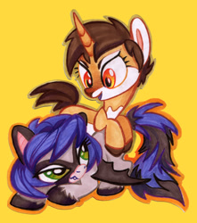 Size: 664x750 | Tagged: safe, artist:kabukihomewood, oc, oc only, oc:buckaroo, oc:pox, bat pony, pony, unicorn, badge, con badge, duo, duo female, female, looking at each other, mare, on top, open mouth, prone, siblings, simple background, sisters, traditional art, unshorn fetlocks, yellow background