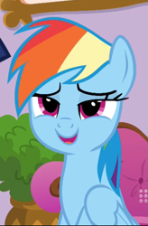 Size: 507x771 | Tagged: safe, screencap, rainbow dash, pony, deep tissue memories, spoiler:deep tissue memories, spoiler:mlp friendship is forever, cropped, cute, dashabetes, female, lidded eyes, open mouth, smiling, solo