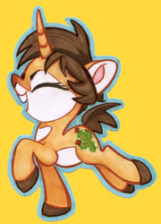 Size: 451x625 | Tagged: safe, artist:kabukihomewood, oc, oc only, oc:buckaroo, pony, unicorn, badge, colored hooves, con badge, eyes closed, female, mare, open mouth, prancing, simple background, smiling, solo, traditional art, yellow background
