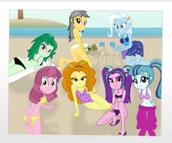 Size: 1024x856 | Tagged: safe, artist:charliexe, artist:grapefruitface1, adagio dazzle, aria blaze, cheerilee, daring do, sonata dusk, trixie, wallflower blush, equestria girls, g4, ass, base used, beach, bikini, blushing, breasts, bucket, butt, clothes, female, looking at you, one-piece swimsuit, sandals, sandcastle, show accurate, spade, swimsuit, the dazzlings, tree