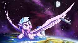 Size: 4112x2281 | Tagged: safe, artist:tsitra360, silverstream, classical hippogriff, hippogriff, g4, atmosphere, commission, cute, diastreamies, equestria, female, giant hippogriff, giant/macro hippogriff, giantess, giga giant, gigastream, high res, large wings, macro, moon, ocean, planet, scenery, scenery porn, spaceship, wings