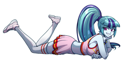 Size: 1024x569 | Tagged: safe, artist:rileyav, sonata dusk, equestria girls, g4, my little pony equestria girls: rainbow rocks, adorasexy, bracelet, breasts, cheerleader, cheerleader outfit, clothes, commission, cute, female, jewelry, looking at you, lying down, midriff, ponytail, prone, sexy, shoes, sideboob, simple background, skirt, smiling, sneakers, socks, solo, sonatabetes, spiked wristband, sports bra, sports shoes, thigh highs, transparent background, underwear, wristband, zettai ryouiki