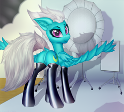 Size: 1780x1600 | Tagged: safe, artist:xeniusfms, fleetfoot, pegasus, pony, g4, butt, clothes, commission, commissioner:fleetfoot, dock, ear fluff, fangs, featureless crotch, female, looking at you, looking back, mare, plot, showing off, solo, spread wings, stockings, taking a photo, thigh highs, wings