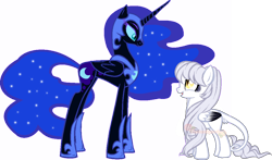 Size: 1066x627 | Tagged: safe, artist:ronyardraws, nightmare moon, oc, alicorn, pegasus, pony, g4, base used, canon x oc, ethereal mane, female, helmet, hoof shoes, leonine tail, lesbian, open mouth, pegasus oc, peytral, simple background, size difference, smiling, starry mane, transparent background, wings