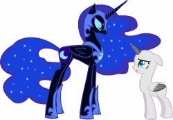 Size: 905x627 | Tagged: safe, artist:yaribases, nightmare moon, oc, alicorn, pony, g4, alicorn oc, base, duo, ethereal mane, helmet, hoof shoes, horn, open mouth, peytral, simple background, starry mane, tall alicorn, transparent background, wings, worried