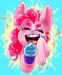 Size: 852x1030 | Tagged: safe, artist:fundipflip, pinkie pie, earth pony, pony, g4, bust, cupcake, cute, diapinkes, ear fluff, eyelashes, eyes closed, female, food, hoof hold, mare, open mouth, smiling, solo