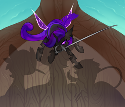 Size: 1000x853 | Tagged: safe, artist:minty--fresh, oc, oc only, oc:eva dynerus, changeling, battle stance, changeling oc, hat, offscreen character, pirate, pirate hat, pirate ship, purple changeling, shadow, solo, sword, water, weapon