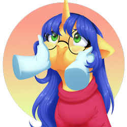 Size: 1500x1500 | Tagged: safe, artist:nika-rain, oc, oc only, oc:logical leap, human, pony, unicorn, :i, cheek squish, clothes, commission, cute, disembodied hand, female, floppy ears, glasses, hand, looking up, mare, solo focus, squishy cheeks, sweater, ych result