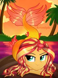 Size: 1536x2048 | Tagged: safe, artist:artmlpk, sunset shimmer, mermaid, equestria girls, g4, adorasexy, adorkable, alternate hairstyle, beautiful, cute, digital art, dork, fanart, female, fins, island, looking at you, mermaidized, not fiery shimmer, ocean, palm tree, rock, scales, sexy, shimmerbetes, smiling, smiling at you, solo, species swap, stupid sexy sunset shimmer, sunset, tail, tree, water, watermark