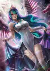 Size: 848x1200 | Tagged: safe, artist:axsens, princess celestia, human, g4, horn, horned humanization, humanized, sleeveless, winged humanization, wings