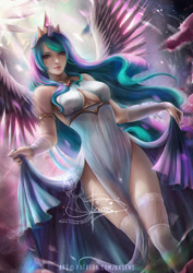Size: 848x1200 | Tagged: safe, alternate version, artist:axsens, princess celestia, human, g4, boob window, breasts, busty princess celestia, cleavage, clothes, female, horn, horned humanization, humanized, praise the sun, see-through, solo, thigh gap, winged humanization, wings