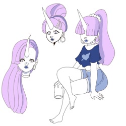 Size: 1080x1080 | Tagged: safe, artist:poutybun_draws, human, alternate design, alternate hairstyle, barefoot, clothes, crossed legs, cup, denim shorts, ear piercing, earring, feet, female, hair over eyes, horn, horned humanization, humanized, jewelry, piercing, shorts, sitting, sultry pose, white background