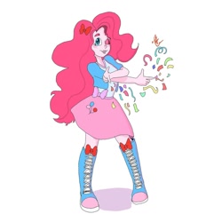 Size: 1080x1080 | Tagged: safe, alternate version, artist:poutybun_draws, pinkie pie, equestria girls, g4, boots, bow, clothes, confetti, cutie mark, cutie mark on clothes, dress, female, hair bow, one eye closed, shoes, simple background, solo, white background, wink