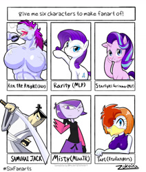 Size: 1440x1696 | Tagged: safe, artist:zokoira, rarity, starlight glimmer, bird, chicken, human, pony, unicorn, anthro, g4, anthro with ponies, bedroom eyes, blushing, bust, clothes, crossover, dragon quest (game), eyelashes, frog (hoof), horseshoes, katana, kon the knight, makeup, male, misty (my life as a teenage robot), muscles, my life as a teenage robot, one eye closed, open mouth, panting, raised hoof, samurai jack, six fanarts, stallion, sword, underhoof, weapon, wink