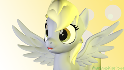 Size: 1920x1080 | Tagged: safe, alternate character, alternate version, artist:marianokun, derpy hooves, pegasus, pony, g4, 3d, :o, cute, cutie mark, cutie mark background, open mouth, simple background, source filmmaker, spread wings, white background, wings, yellow background