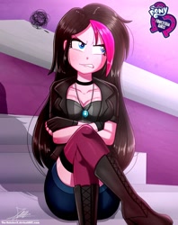Size: 761x960 | Tagged: safe, artist:the-butch-x, oc, oc only, oc:zoe star pink, human, equestria girls, g4, angry, blue eyes, blushing, boots, breasts, butch's hello, canterlot high, cleavage, clothes, collar, crossed arms, denim shorts, emo, equestria girls logo, equestria girls-ified, female, fingerless gloves, gift art, gloves, gritted teeth, jacket, jewelry, logo, multicolored hair, necklace, peeved, sexy, shoes, shorts, signature, sitting, solo, steps, tomboy