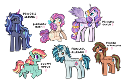 Size: 3600x2400 | Tagged: safe, artist:dreamscapevalley, princess skyla, oc, oc:birthday bash, oc:princess serena, oc:sonara terracotta, oc:sunny apple, alicorn, earth pony, pegasus, pony, unicorn, curved horn, derp, female, high res, horn, magical lesbian spawn, mare, next generation, offspring, parent:applejack, parent:braeburn, parent:cheese sandwich, parent:marble pie, parent:pinkie pie, parent:rainbow dash, parents:appledash, parents:braeble, parents:cheesepie, parents:hopebra, redesign, simple background, tail wrap, tongue out, wall eyed, watermark, white background