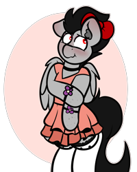 Size: 4000x5000 | Tagged: safe, artist:theawkwarddork, oc, oc only, oc:mrdeloop, earth pony, pony, semi-anthro, arm hooves, blushing, bow, clothes, crossdressing, dress, femboy, freckles, heart eyes, male, simple background, socks, solo, thigh highs, transparent background, wingding eyes
