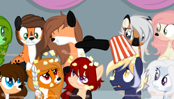 Size: 1266x720 | Tagged: safe, artist:skulifuck, oc, oc only, oc:fox trot, fox, fox pony, hybrid, pony, annoyed, base used, braid, female, food, group, looking up, male, open mouth, popcorn, sitting