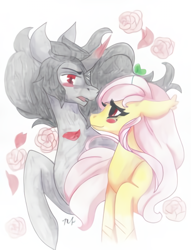 Size: 458x600 | Tagged: safe, artist:skulifuck, king sombra, oc, oc:shy sprout, pegasus, pony, unicorn, g4, canon x oc, female, flower, makeup, male, mare, not fluttershy, pegasus oc, rose, shipping, signature, stallion, straight, traditional art, wings
