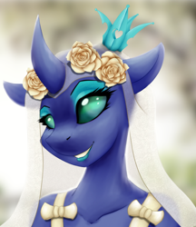 Size: 1080x1252 | Tagged: safe, artist:shamziwhite, oc, oc only, oc:sektiss, changeling, anthro, blue changeling, bride, bust, crown, eyeshadow, female, horn, jewelry, makeup, portrait, regalia, solo