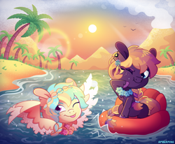 Size: 1688x1388 | Tagged: safe, artist:amberpone, oc, oc only, oc:indigo, oc:oasis (azure art wave), earth pony, pegasus, pony, beach, braid, cute, digital art, female, mare, summer, sun, swimming, water, wings