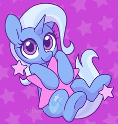 Size: 900x947 | Tagged: safe, artist:dawnfire, trixie, pony, unicorn, g4, cute, diatrixes, female, horn, looking at you, mare, purple background, simple background, smiling, smiling at you, solo, stars, tangible heavenly object